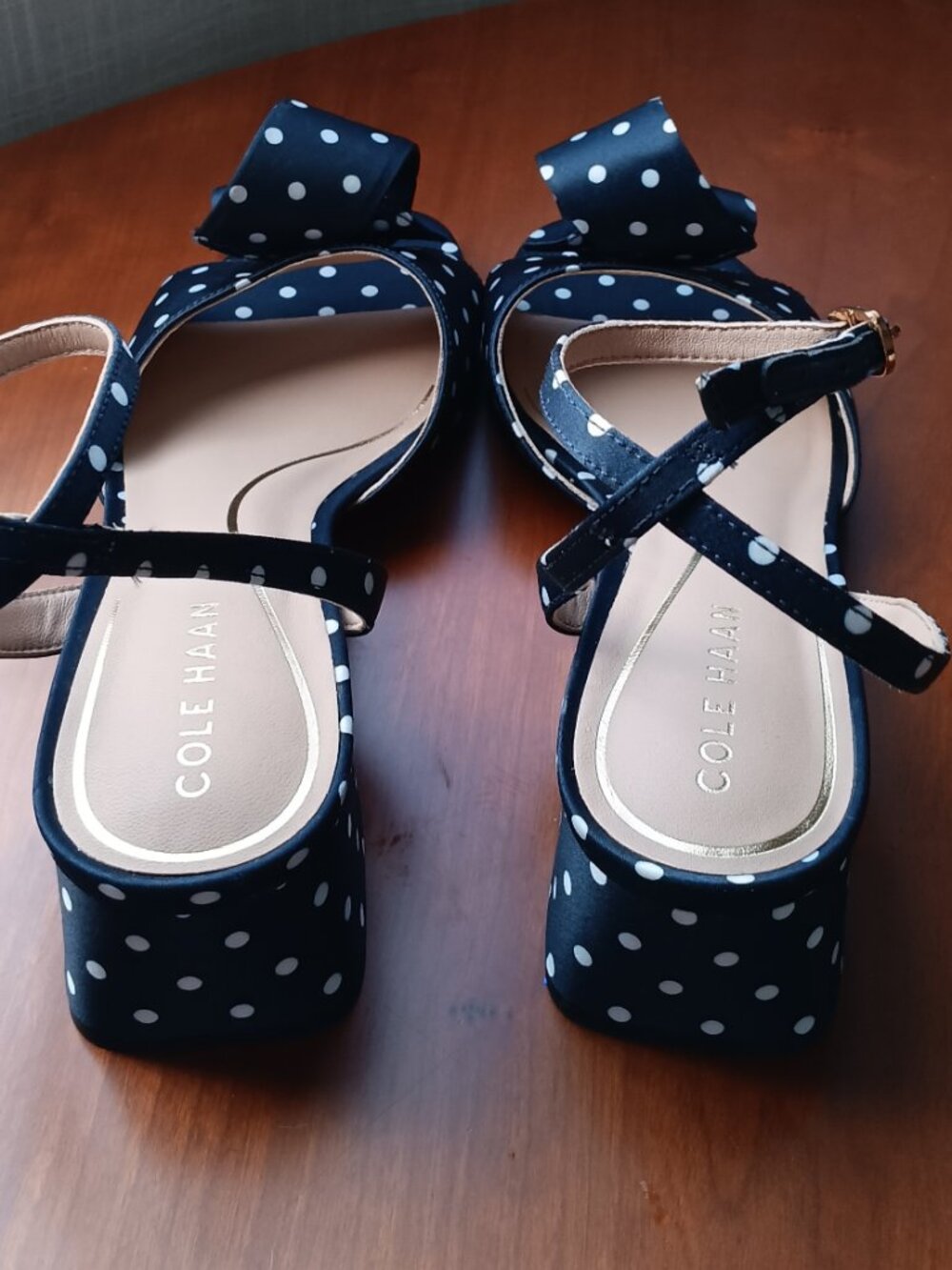NWT Cole Haan Florette Navy & White Polka Dot Ankle Strap Block Heel Sandal - Picture 7 of 9